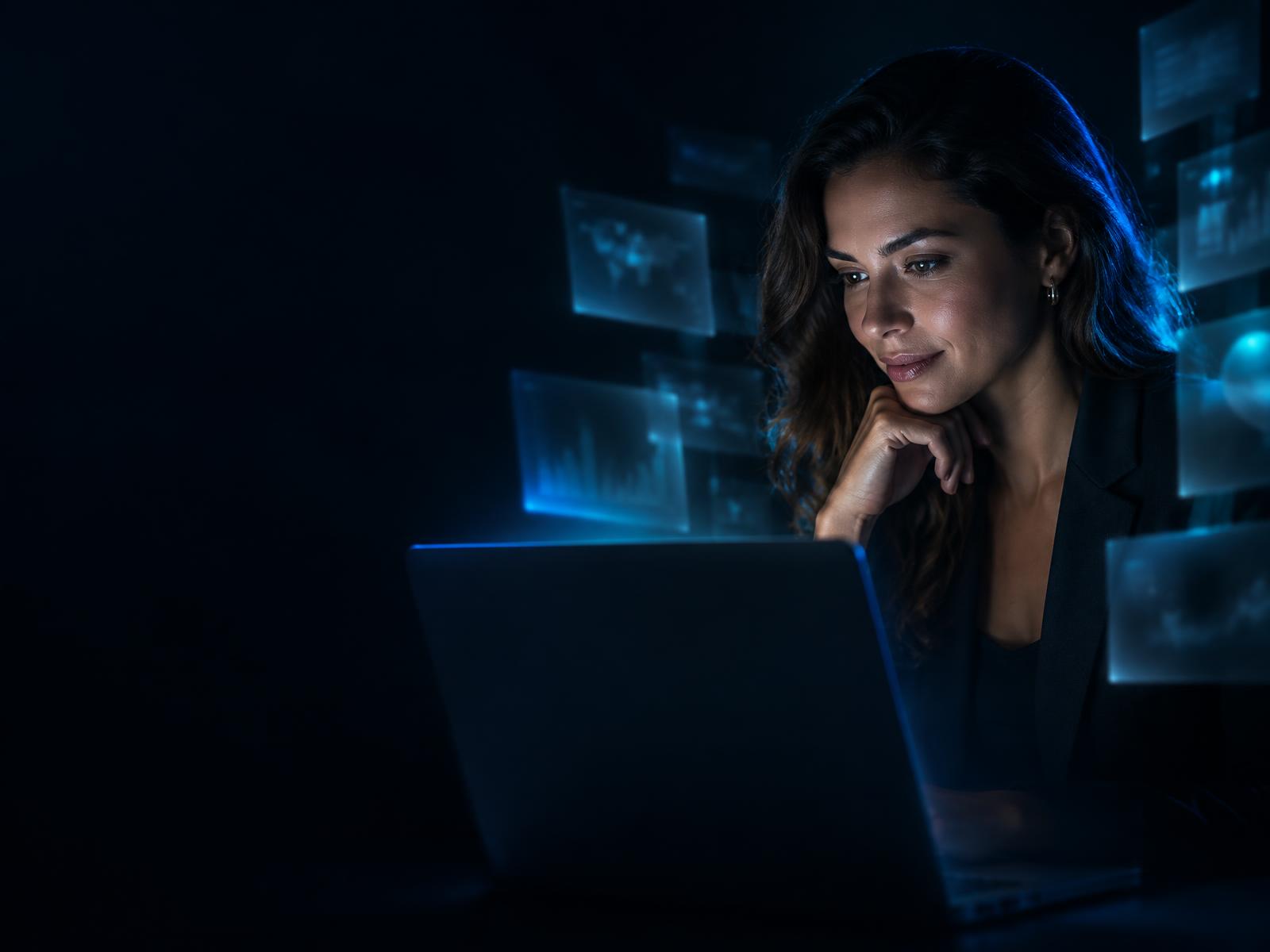 Empreendedora usando o time de especialistas em IA no notebook